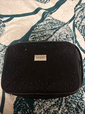 Guess Black Studded Cosmetic Case with Silver  Logo Plaque